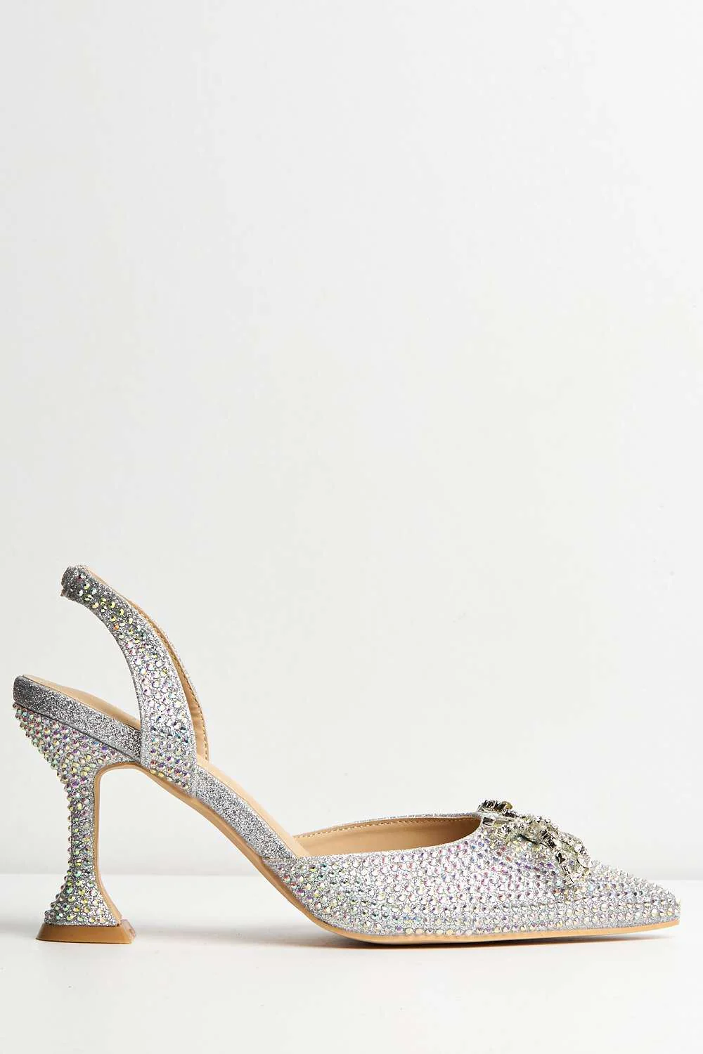 Chilla Diamante Embellished Sling Back Court Shoes in Silver - Image 5
