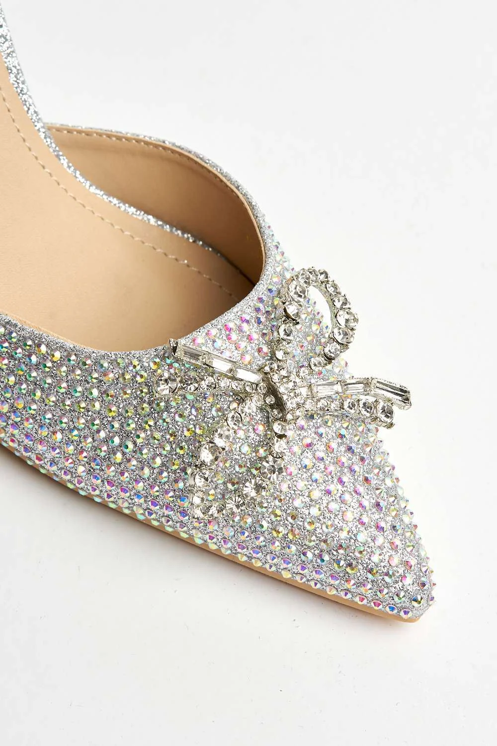 Chilla Diamante Embellished Sling Back Court Shoes in Silver - Image 6