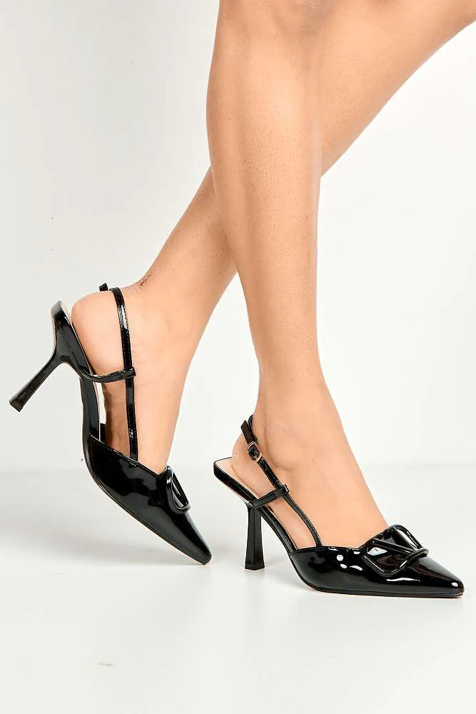 Cia Brooch Detail Slingback Court Shoes in Black - Image 2