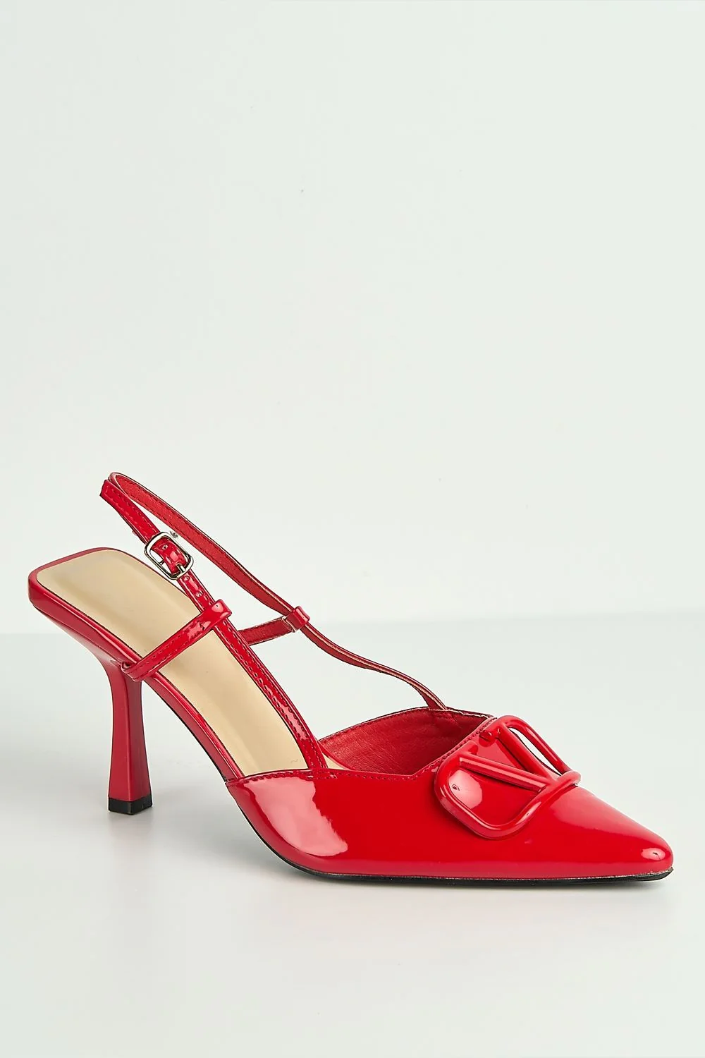 Cia Brooch Detail Slingback Court Shoes in Red - Image 4