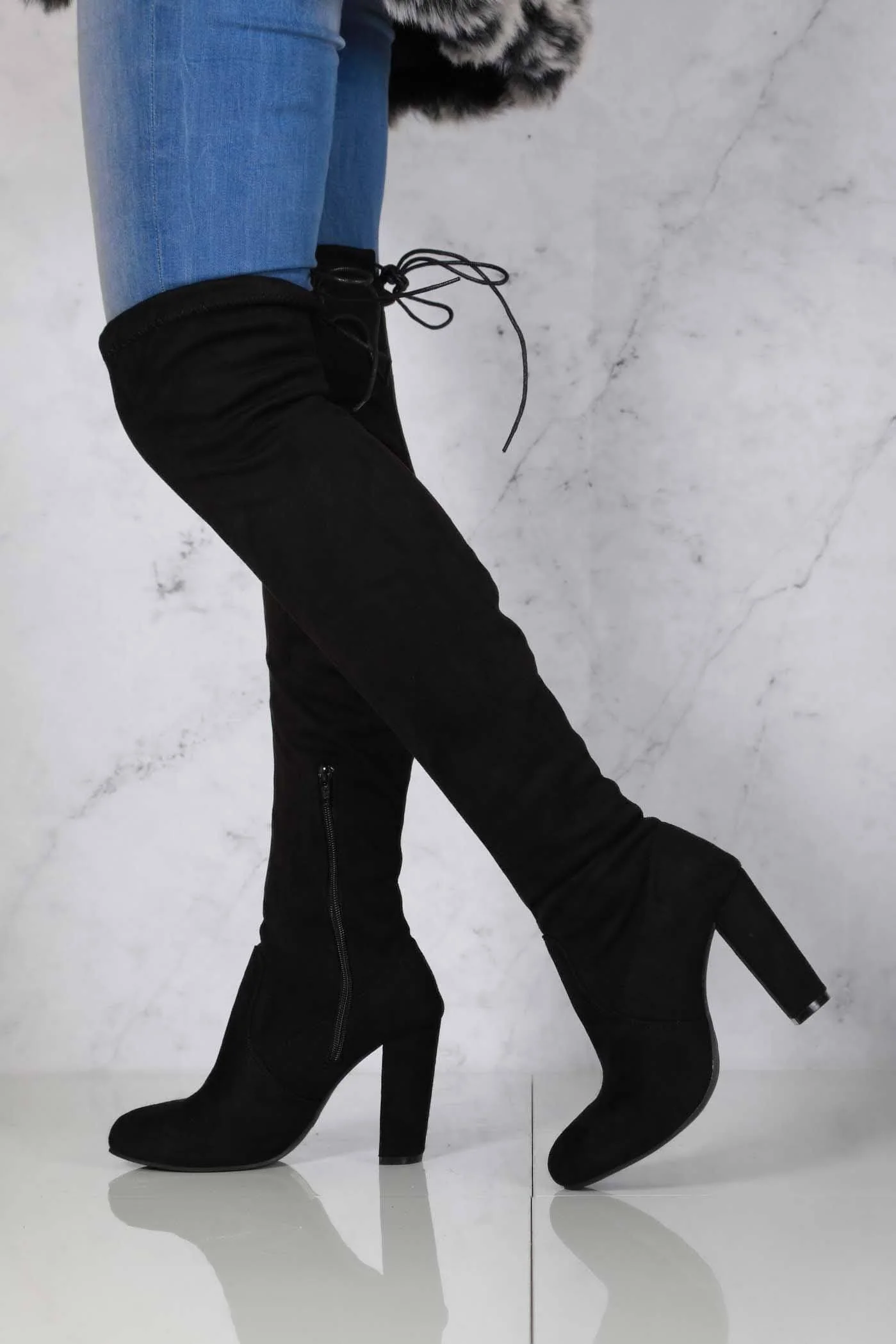 Cinda Block Heel Slim Over Knee Boot In Black Suede - Image 3