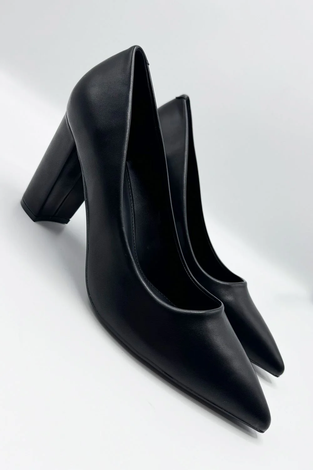 Clara Block Heel Pointed Toe Court Shoes in Black Matt - Image 2