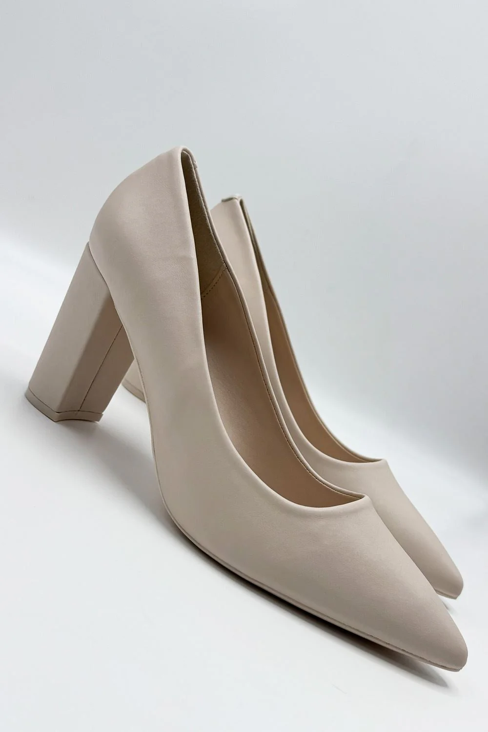 Clara Block Heel Pointed Toe Court Shoes in Nude Matt - Image 2