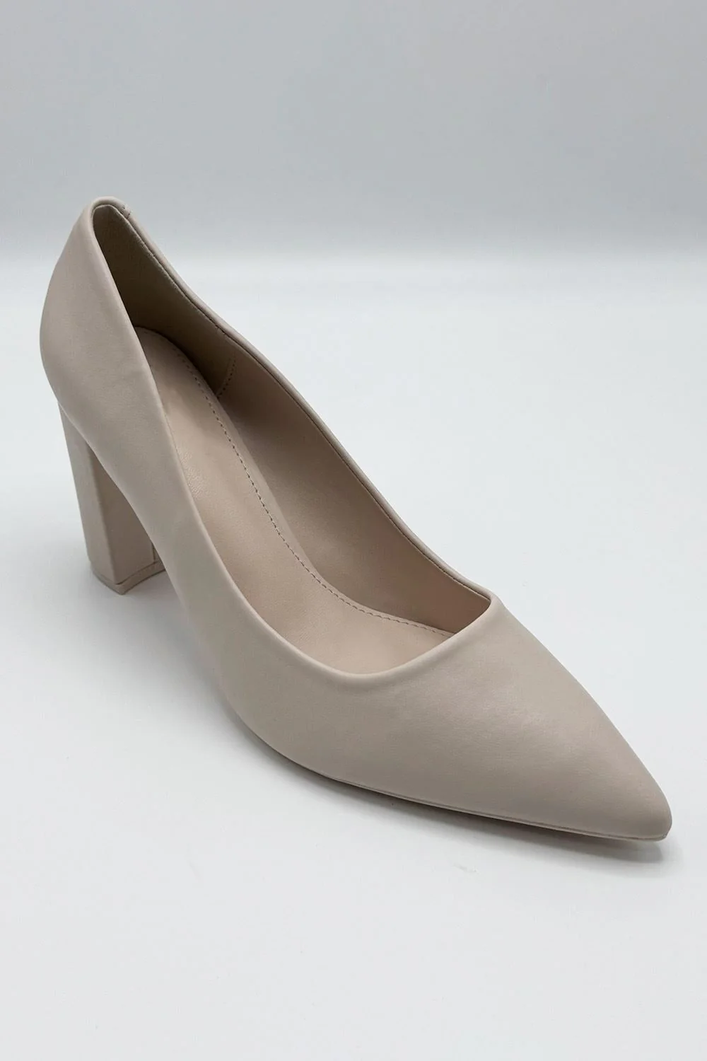 Clara Block Heel Pointed Toe Court Shoes in Nude Matt - Image 3