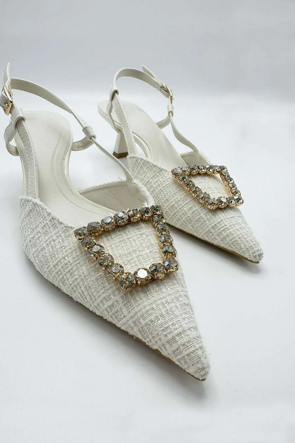 Clarrine Diamante Brooch Detail Pointed Toe Court Shoes in Beige