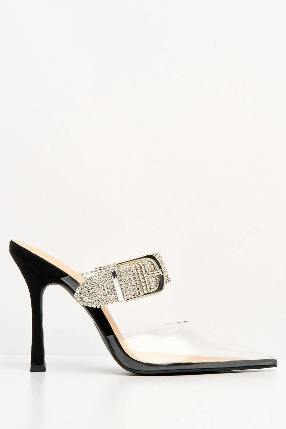 Classy Perspex Diamante Strap Buckle Pointed Toe Mule in Black - Image 5