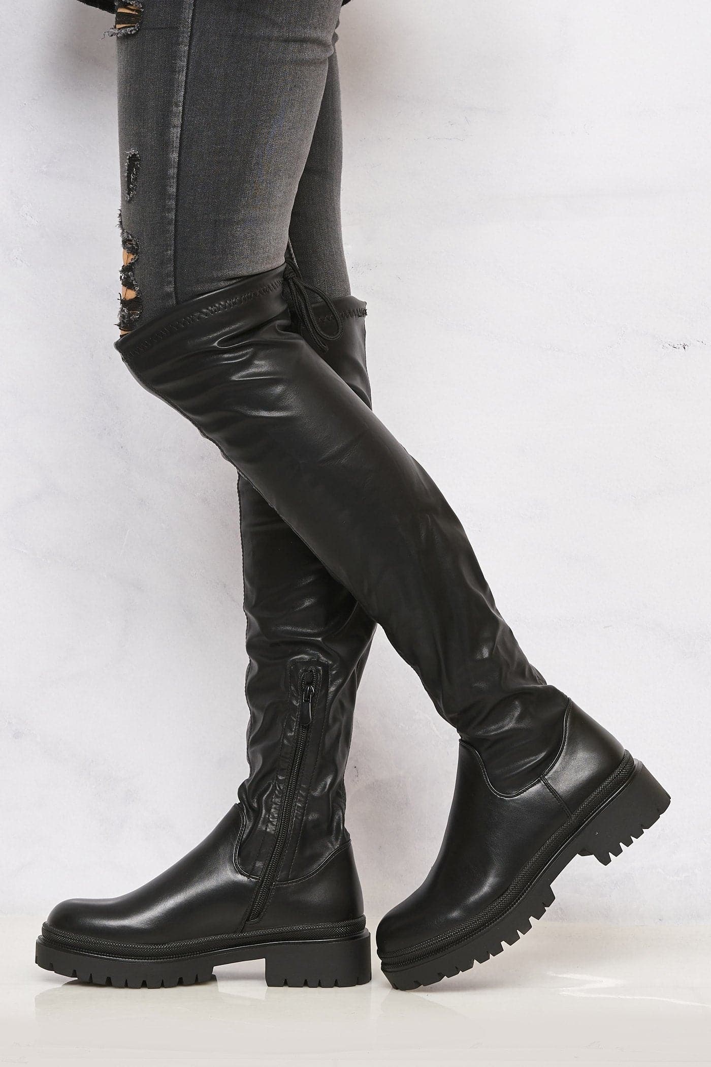 Lotte Cleated Sole Stretch Knee High Boot in Black - Image 7