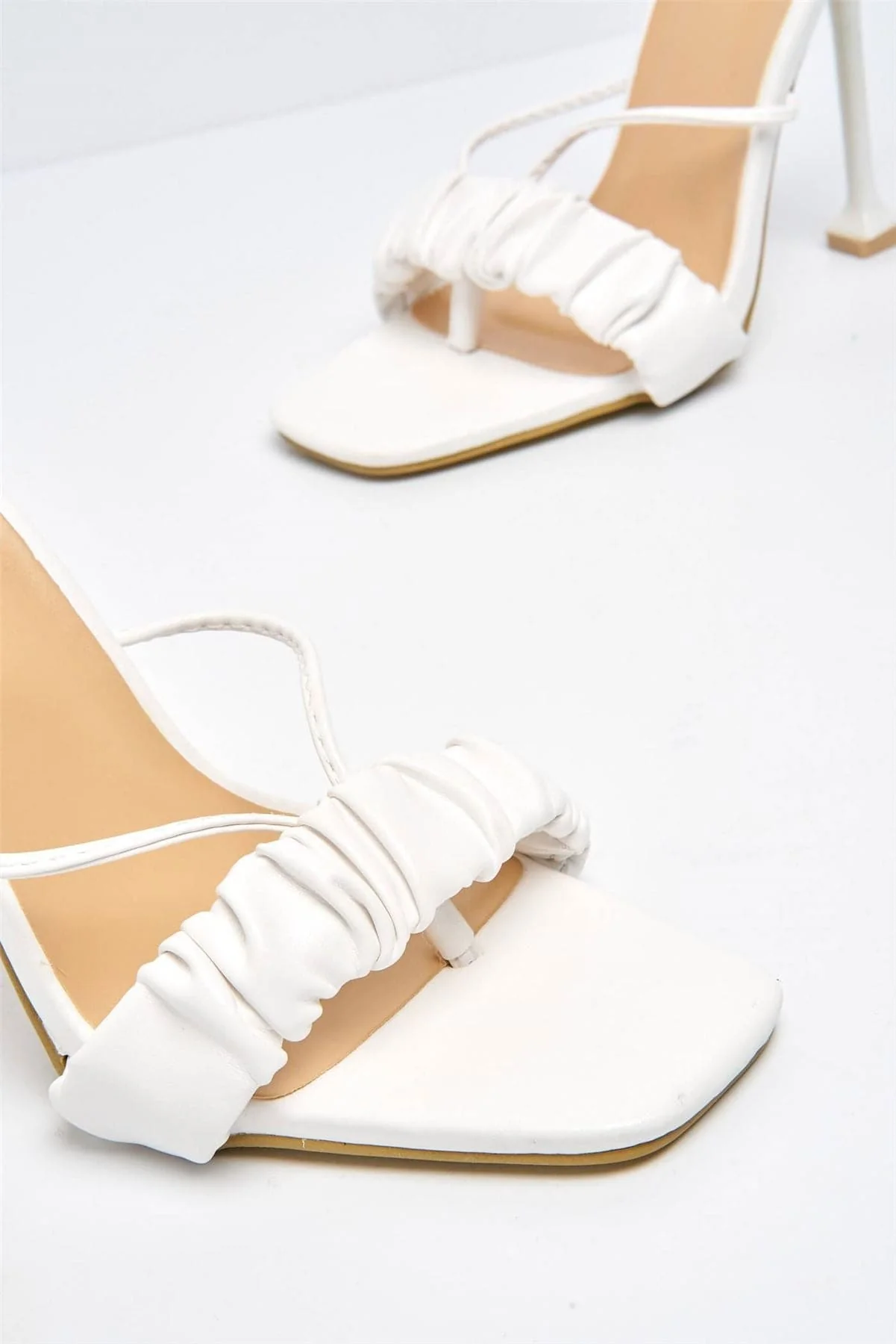 Coco Ruched Band Lace-up Heels in White - Image 5