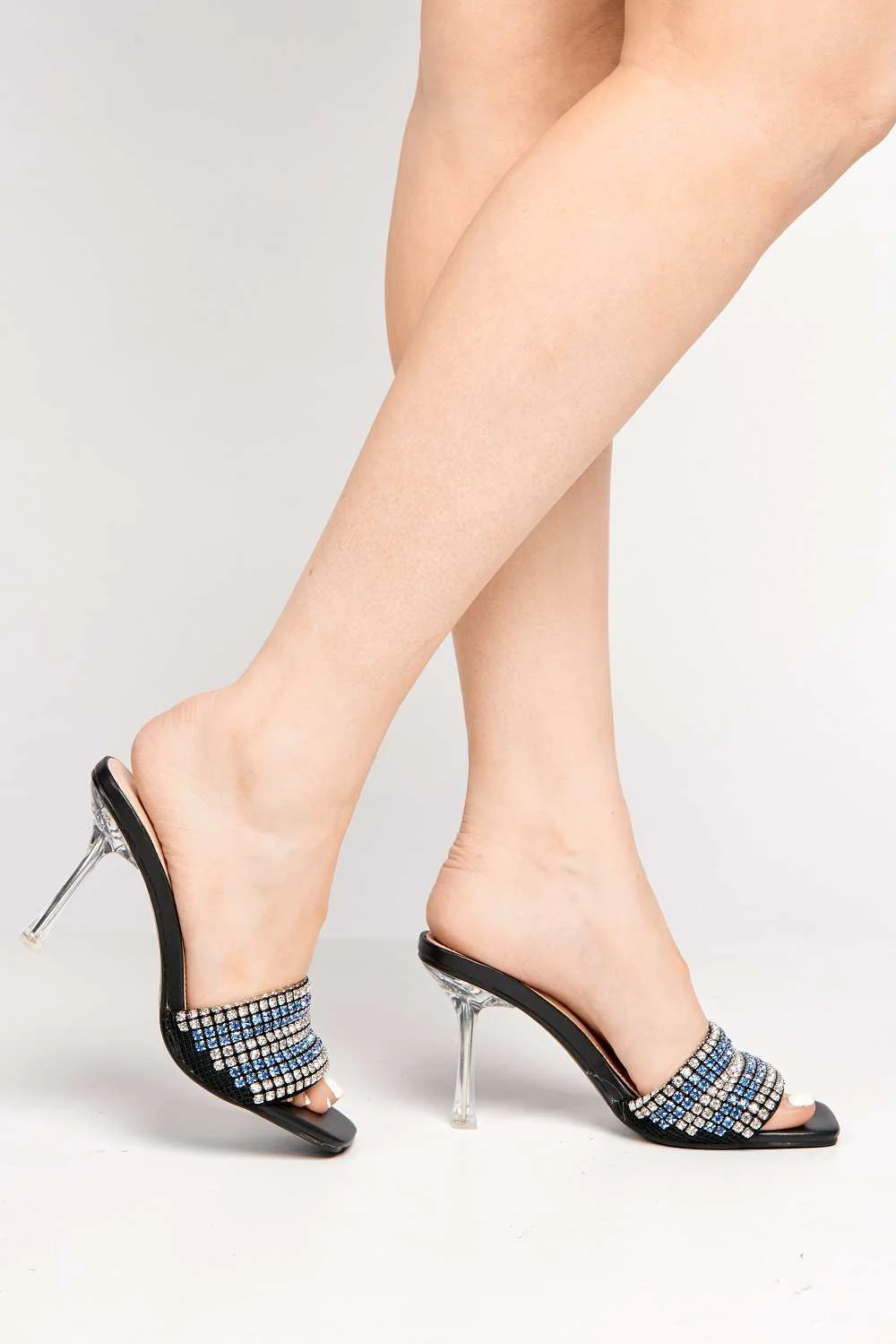 Crystalya Diamante Embellished Perspex Heel Mules in Blue - Image 3