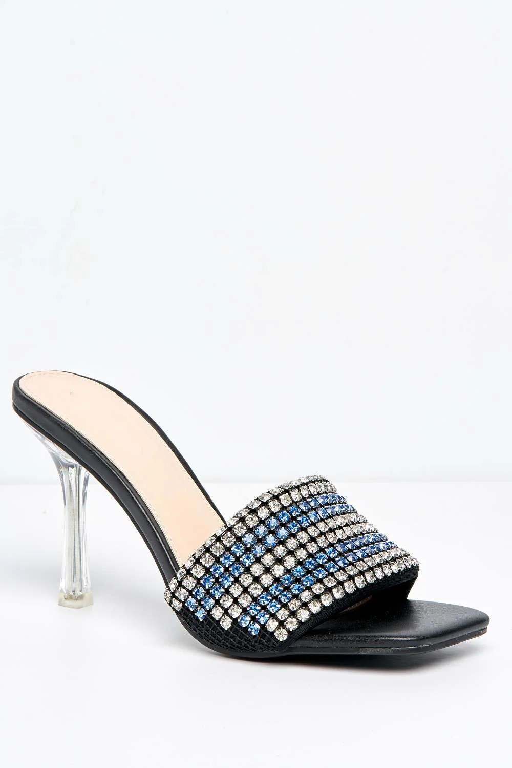 Crystalya Diamante Embellished Perspex Heel Mules in Blue - Image 4