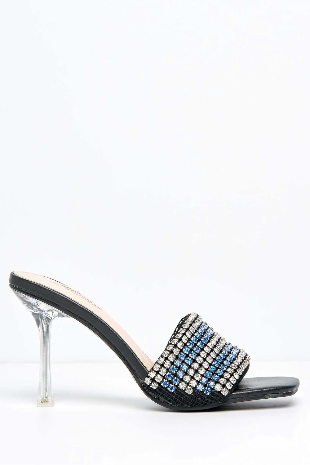 Crystalya Diamante Embellished Perspex Heel Mules in Blue - Image 5