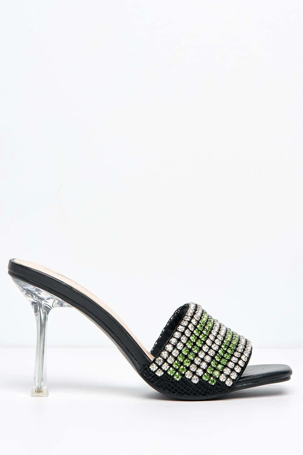 Crystalya Diamante Embellished Perspex Heel Mules in Green - Image 5