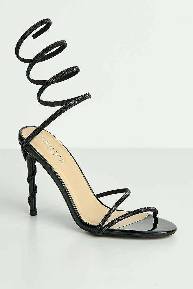 Curly Diamante Embellished Spiral Ankle Strap Sandals in Black Diamante - Image 4