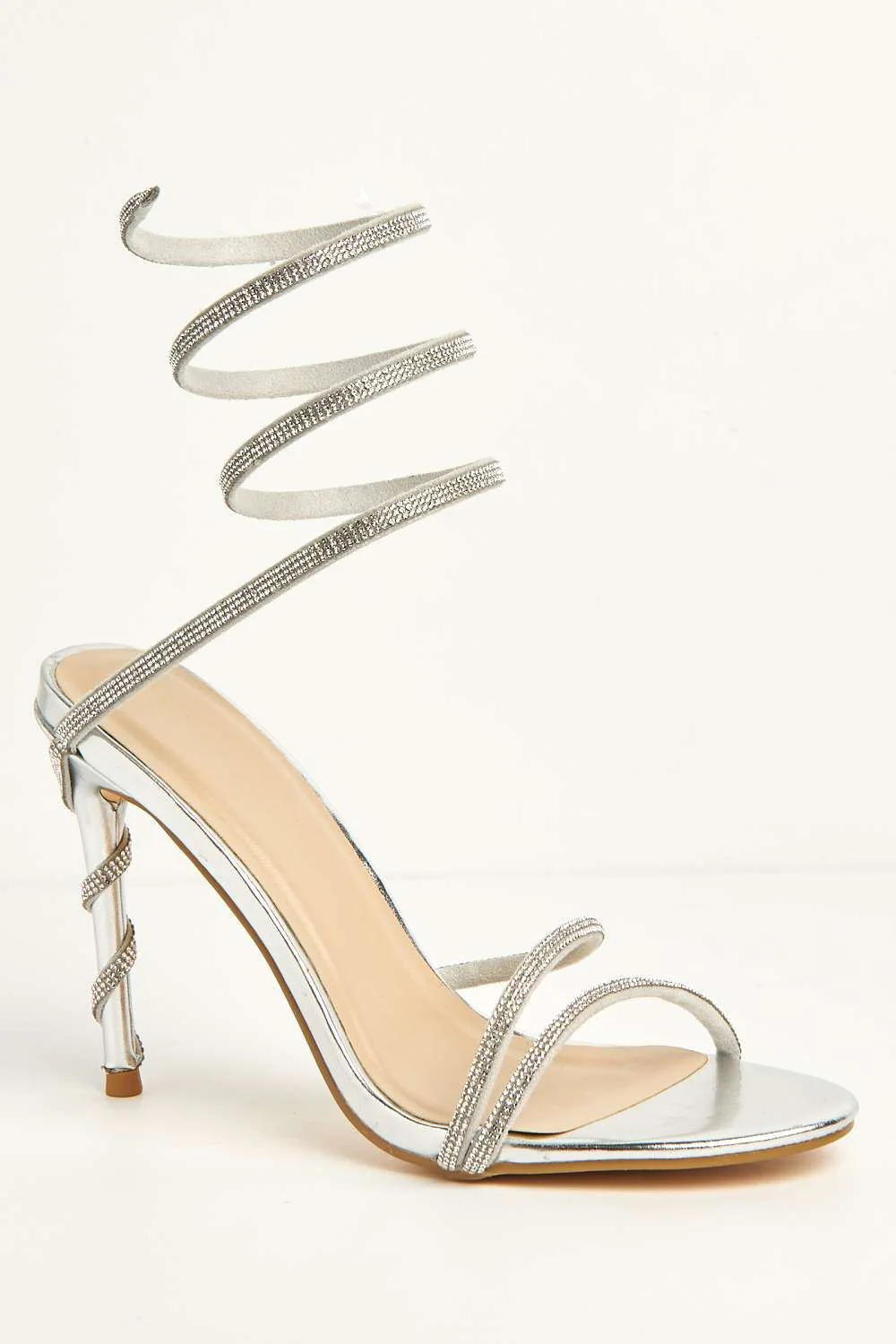 Curly Diamante Embellished Spiral Ankle Strap Sandals in Silver - Image 4