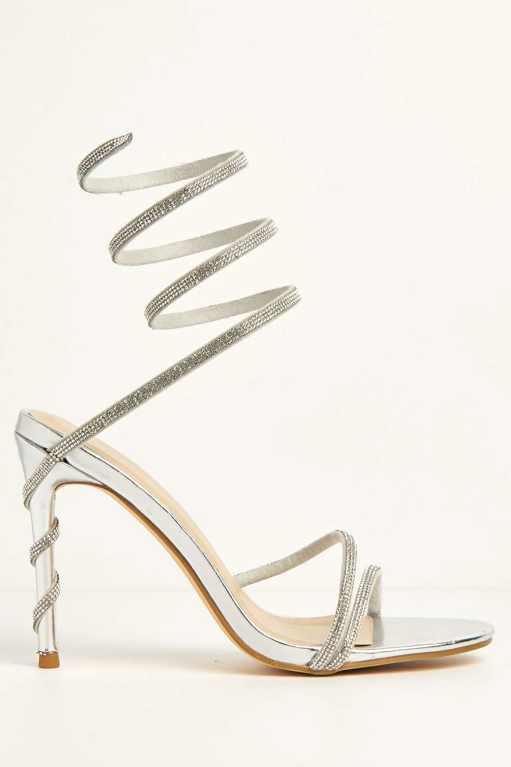 Curly Diamante Embellished Spiral Ankle Strap Sandals in Silver - Image 5