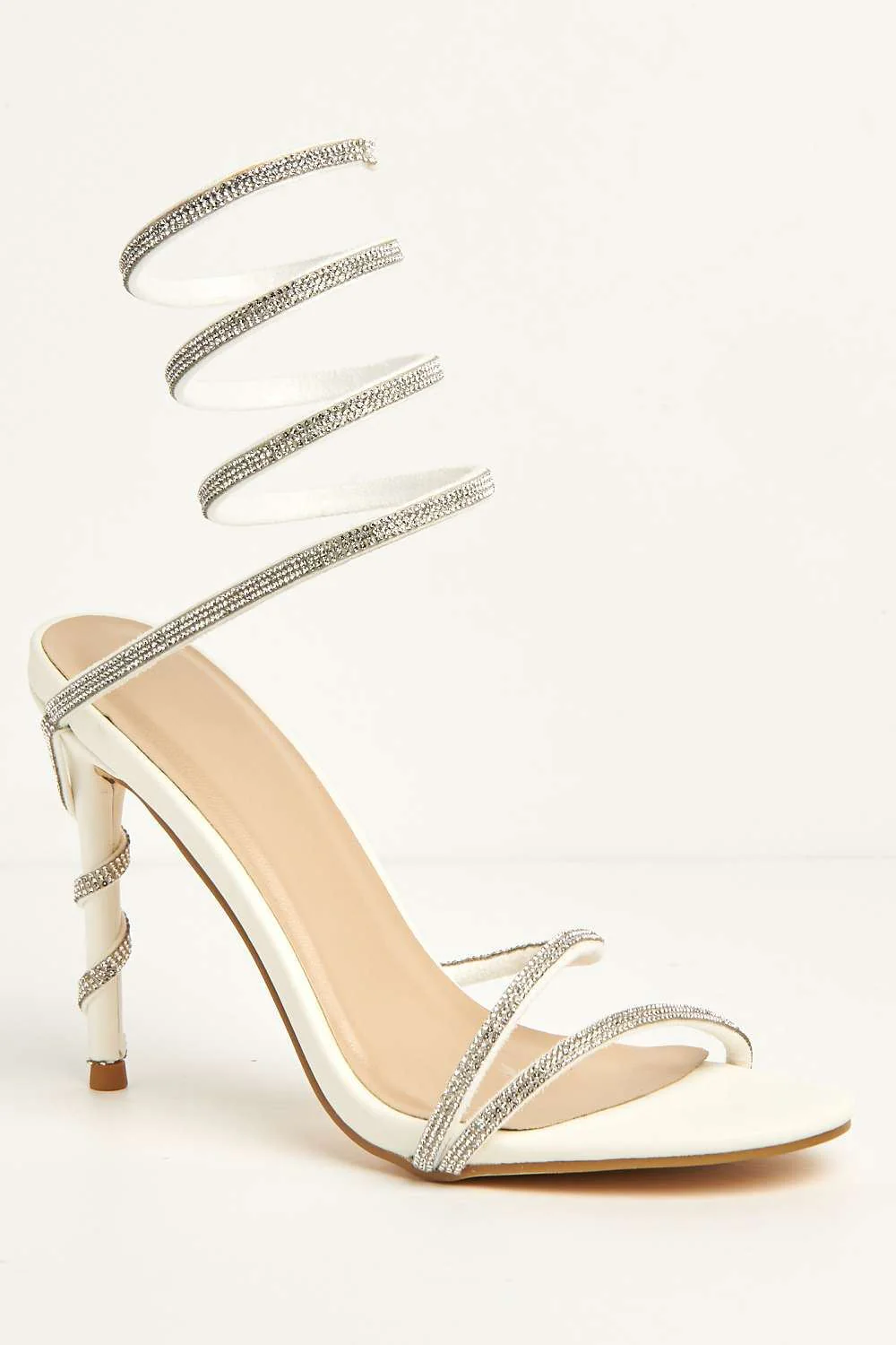 Curly Diamante Embellished Spiral Ankle Strap Sandals in White Matt - Image 4