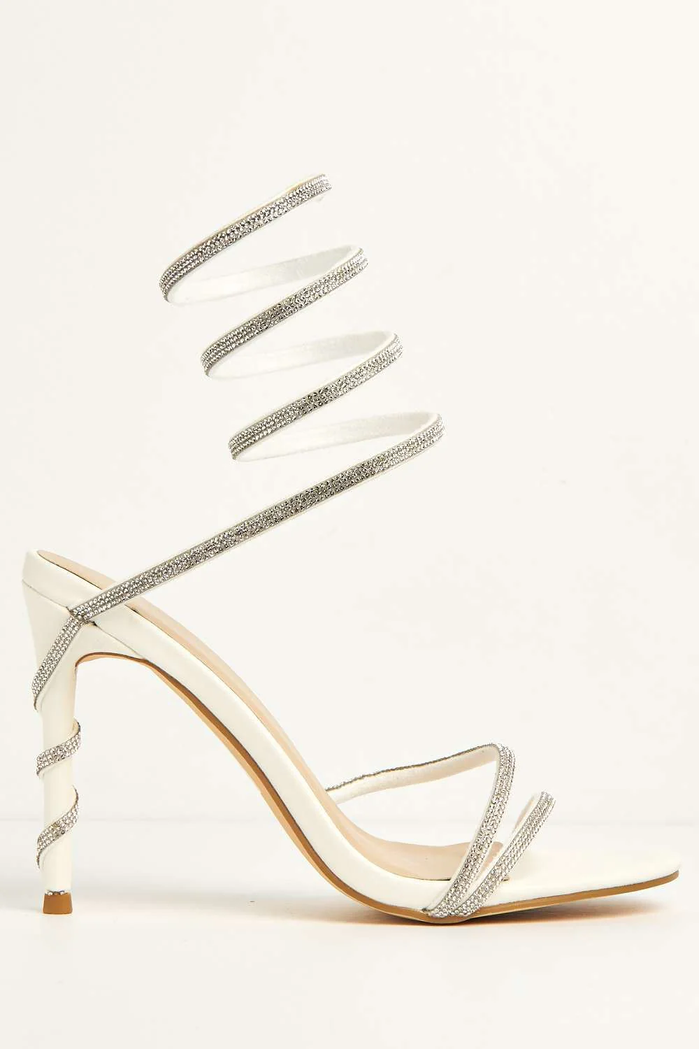 Curly Diamante Embellished Spiral Ankle Strap Sandals in White Matt - Image 5
