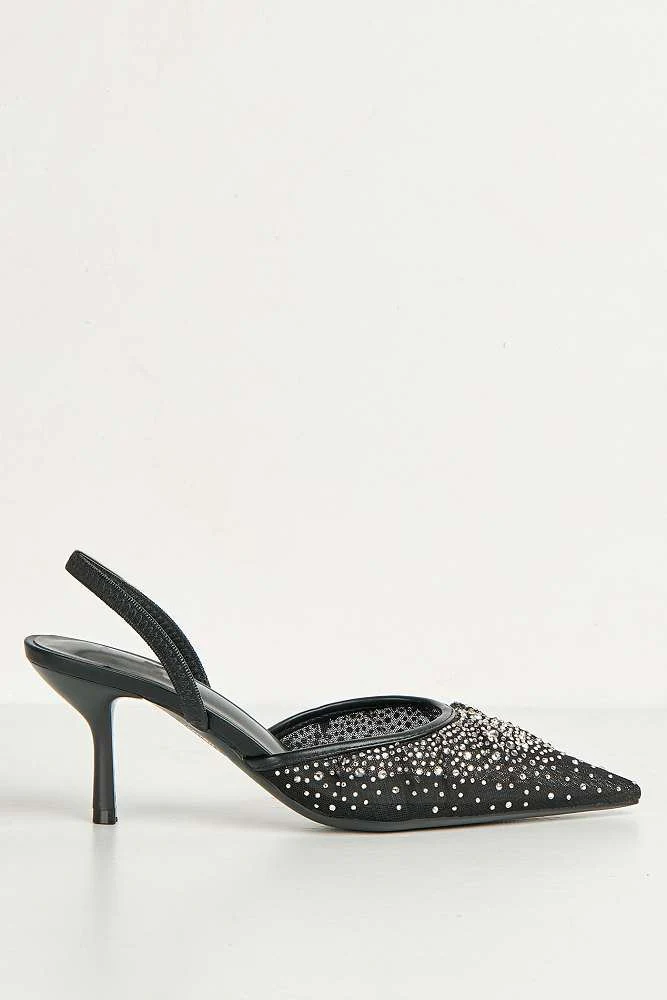 Cynthia Gemstone Embellished Mesh Slingback Court Shoes in Black - Image 2