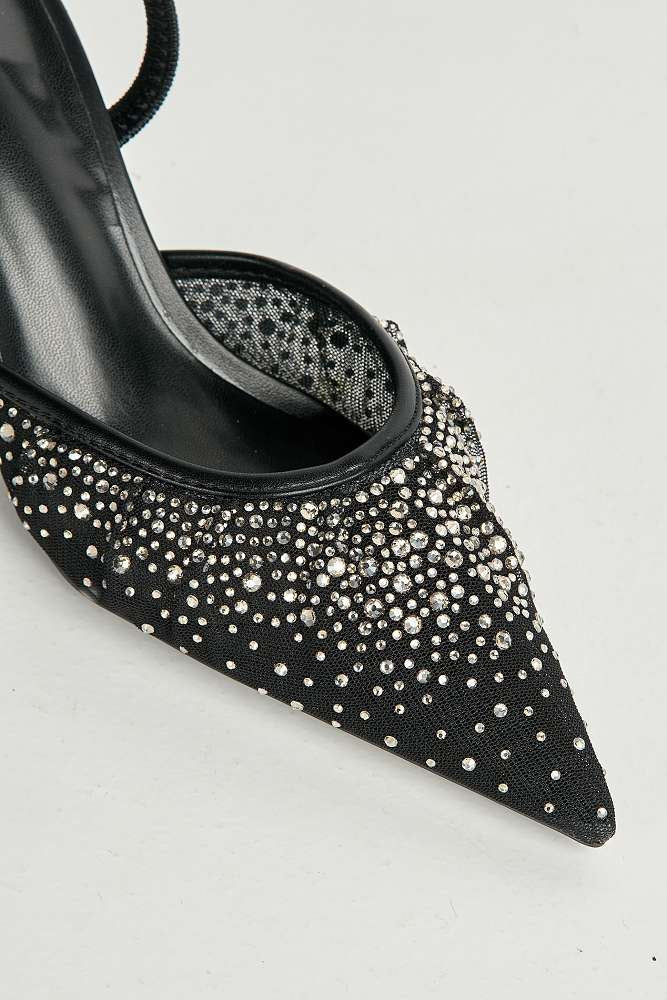 Cynthia Gemstone Embellished Mesh Slingback Court Shoes in Black - Image 3