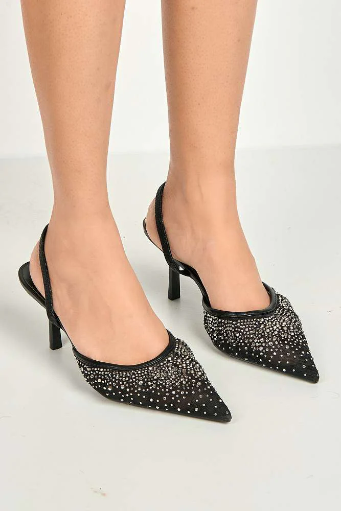 Cynthia Gemstone Embellished Mesh Slingback Court Shoes in Black - Image 4