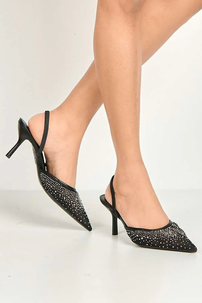 Cynthia Gemstone Embellished Mesh Slingback Court Shoes in Black - Image 5
