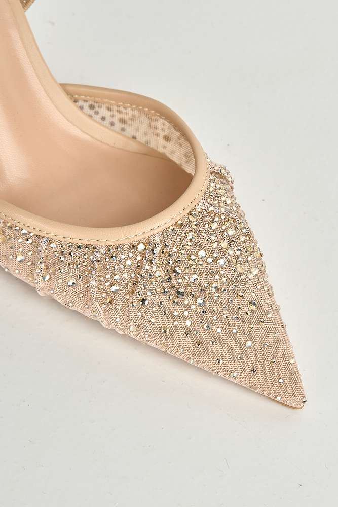 Cynthia Gemstone Embellished Mesh Slingback Court Shoes in Nude - Image 2