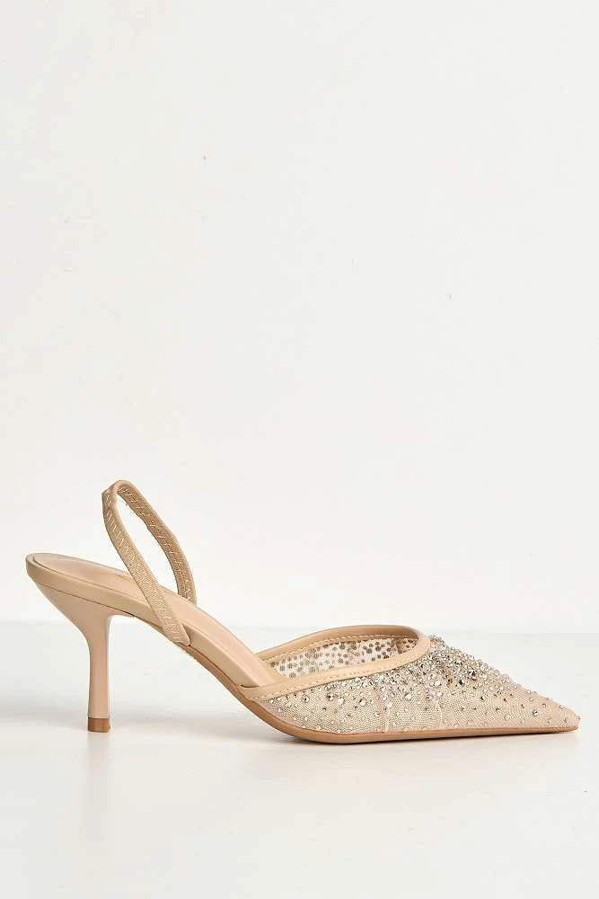 Cynthia Gemstone Embellished Mesh Slingback Court Shoes in Nude - Image 3