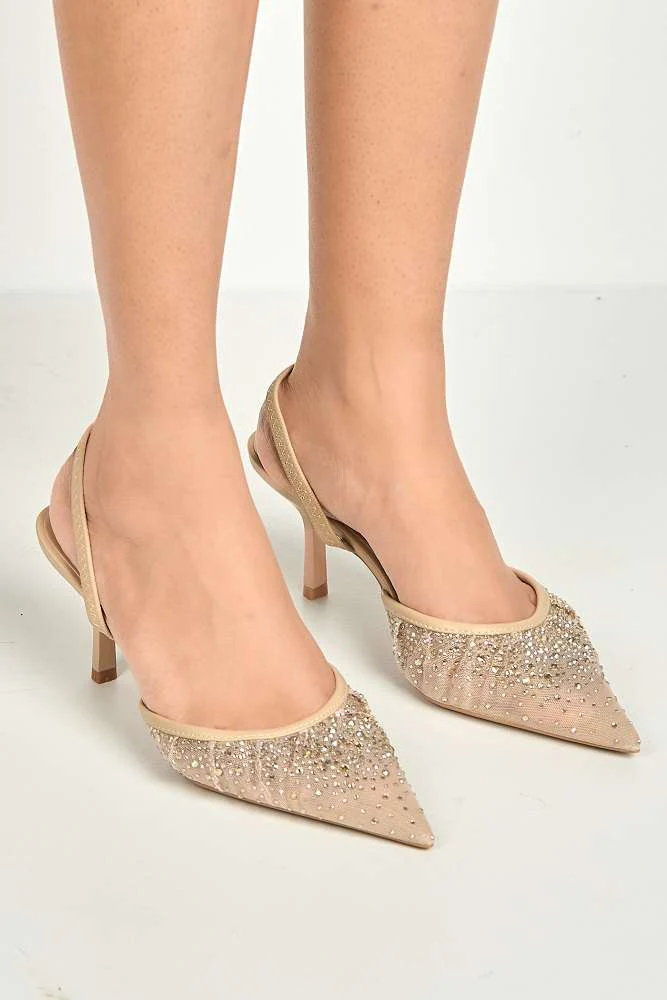 Cynthia Gemstone Embellished Mesh Slingback Court Shoes in Nude - Image 4
