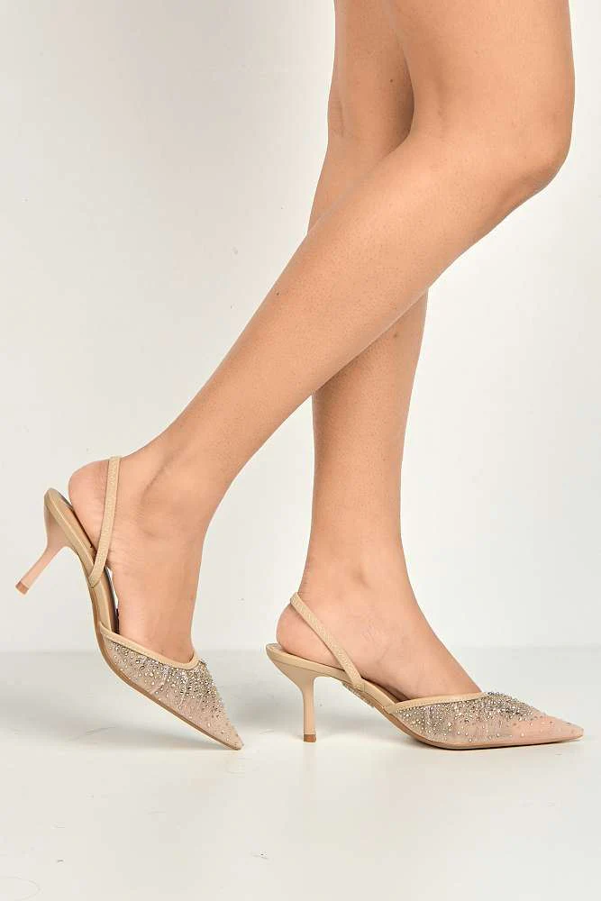 Cynthia Gemstone Embellished Mesh Slingback Court Shoes in Nude - Image 6
