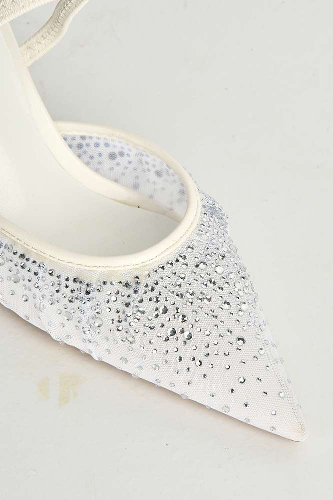 Cynthia Gemstone Embellished Mesh Slingback Court Shoes in White - Image 2