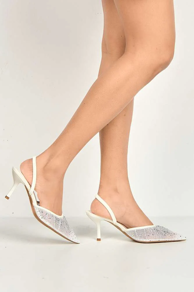 Cynthia Gemstone Embellished Mesh Slingback Court Shoes in White - Image 6