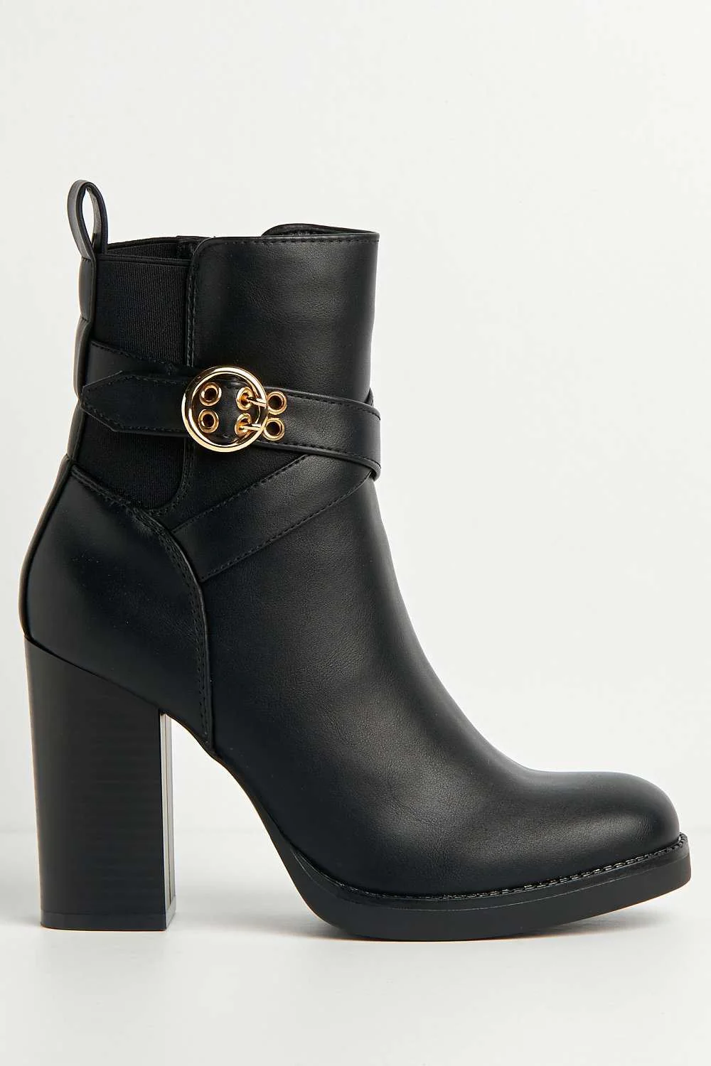 Dagny Buckle Detail Block Heel Boots in Black Matt - Image 5