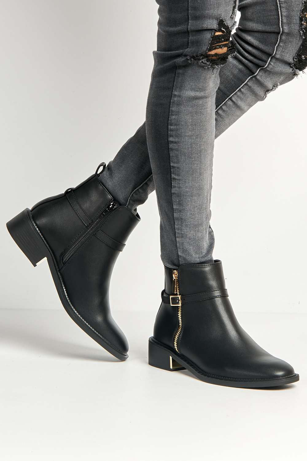 Dalla Buckle Detail Zip Ankle Chelsea Boots in Black Matt - Image 2