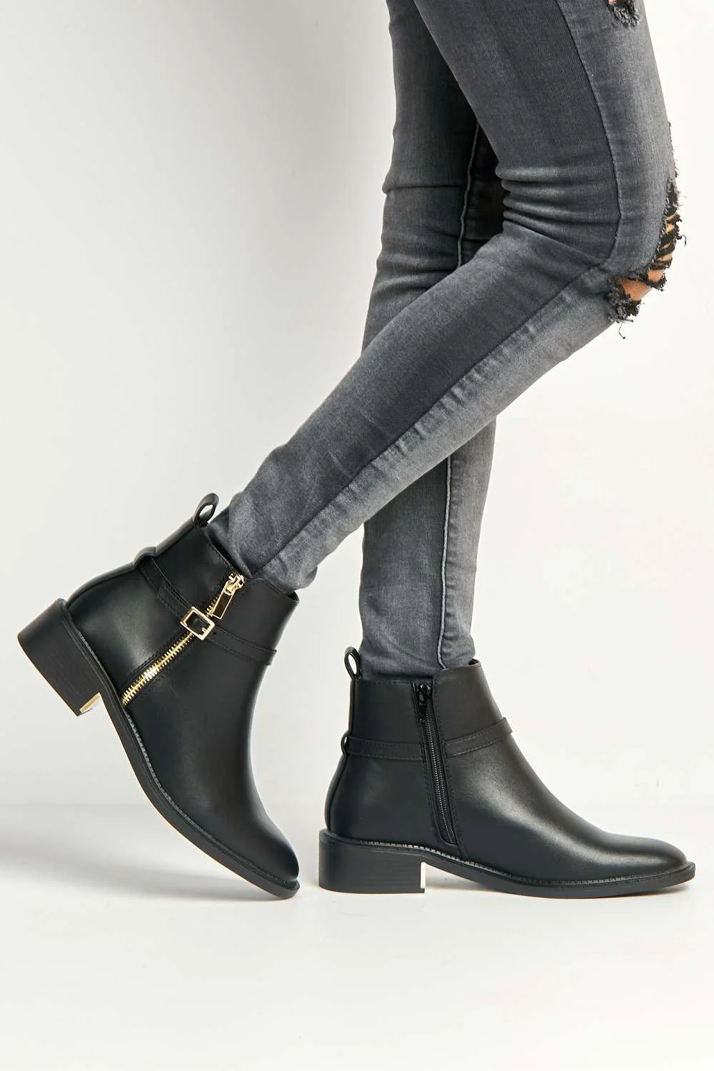 Dalla Buckle Detail Zip Ankle Chelsea Boots in Black Matt - Image 3