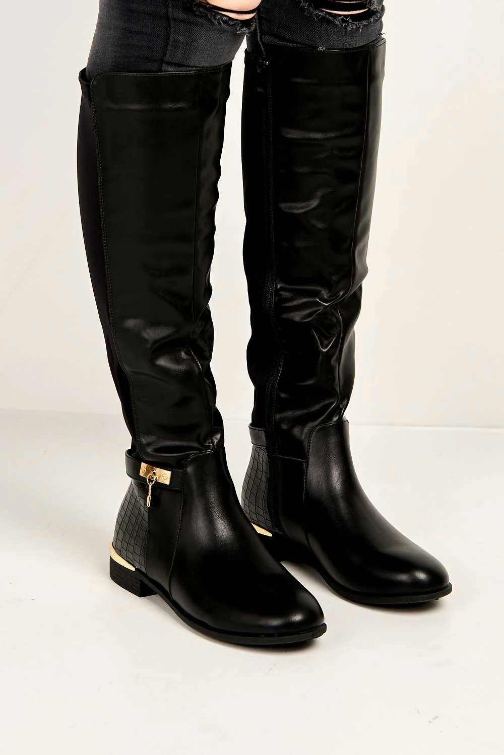 Daphine Knee High Lock Detail Boot in Black Matt - Image 3