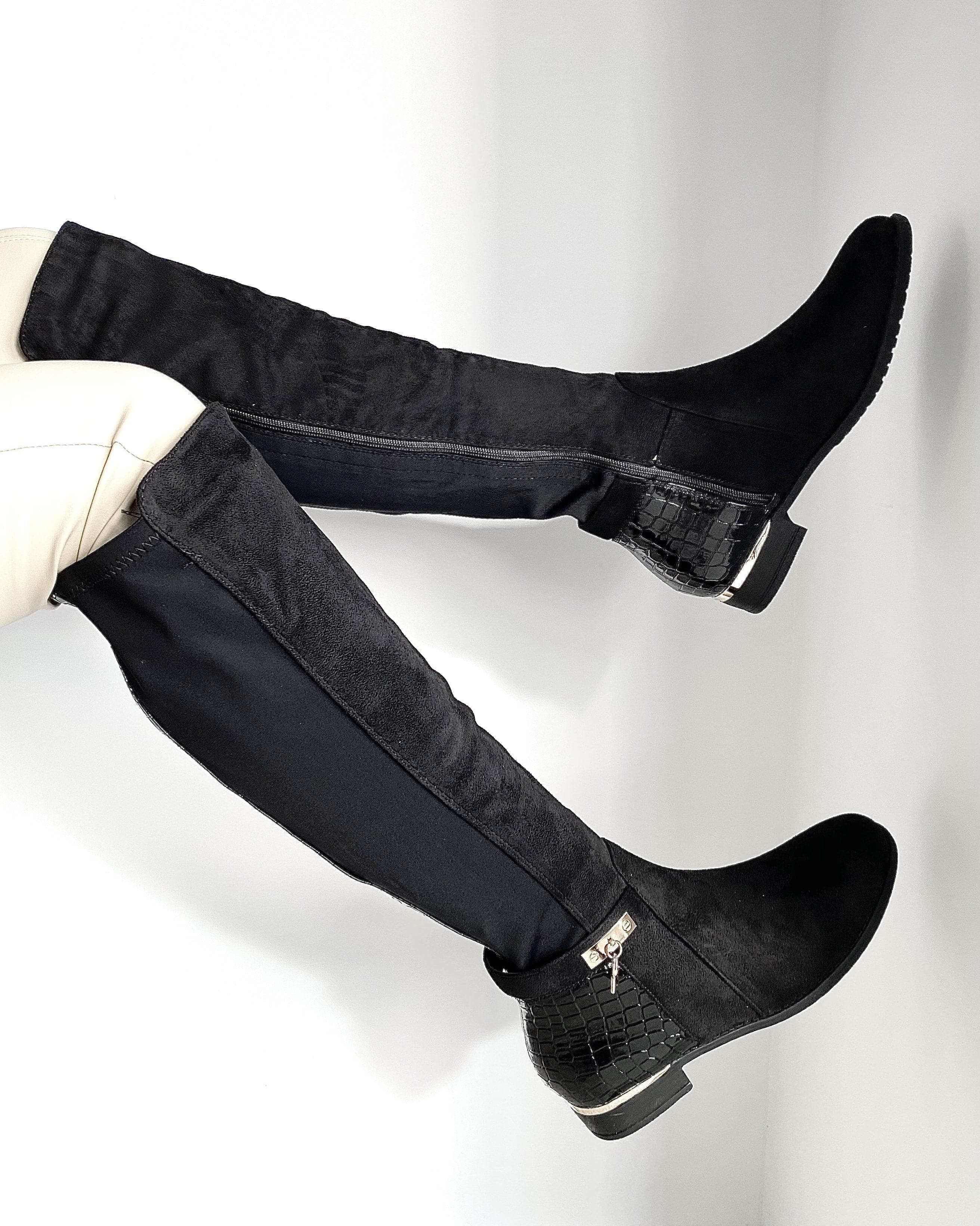 Daphine Knee High Lock Detail Boot in Black Suede - Image 3