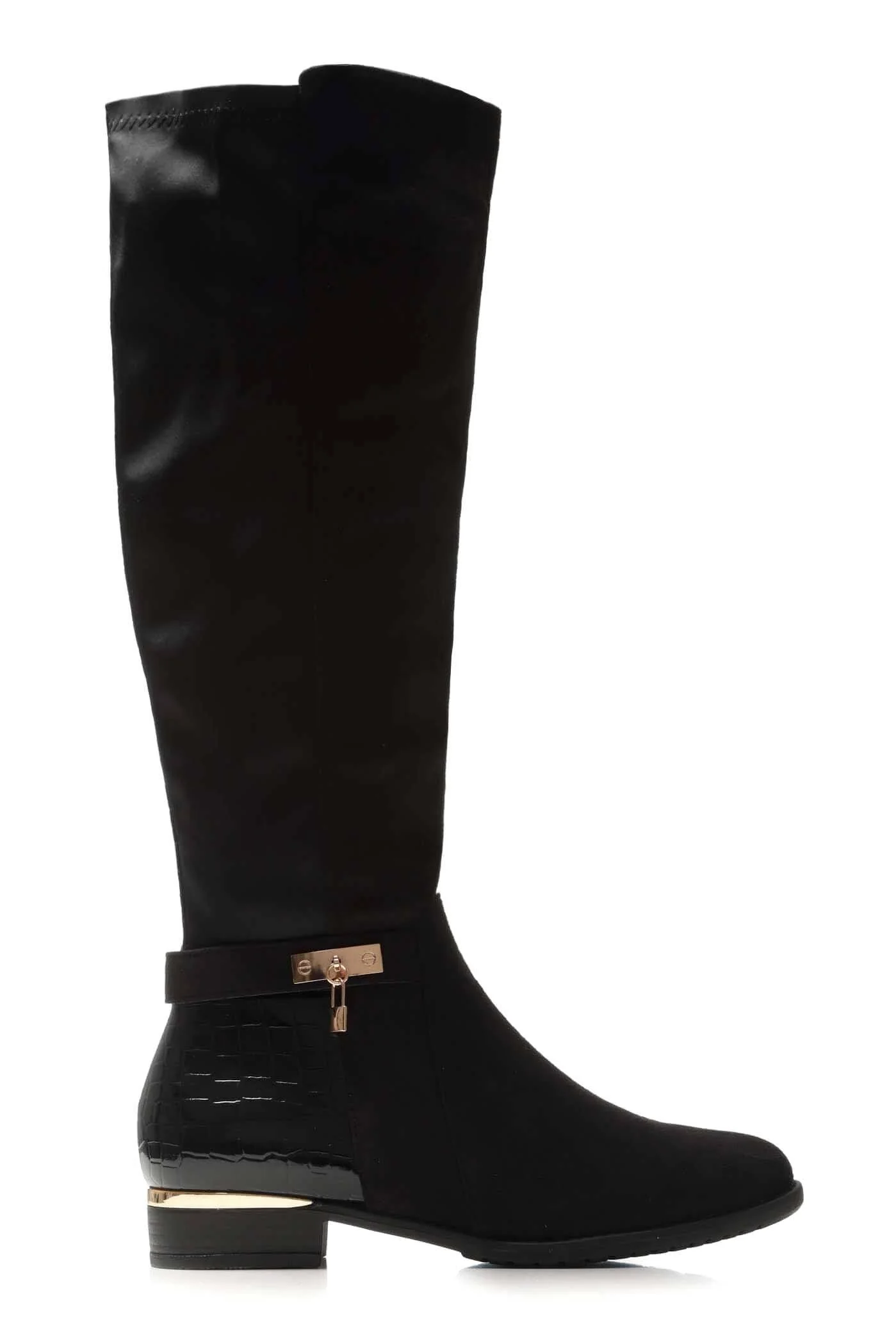 Daphine Knee High Lock Detail Boot in Black Suede - Image 5