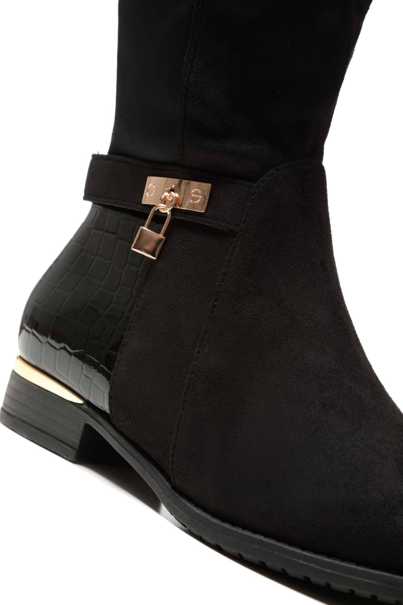Daphine Knee High Lock Detail Boot in Black Suede - Image 6