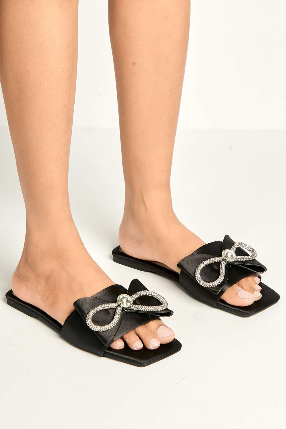 Darla Diamante Bow Square Toe Sliders in Black