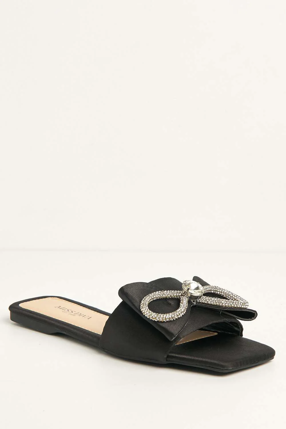 Darla Diamante Bow Square Toe Sliders in Black - Image 4