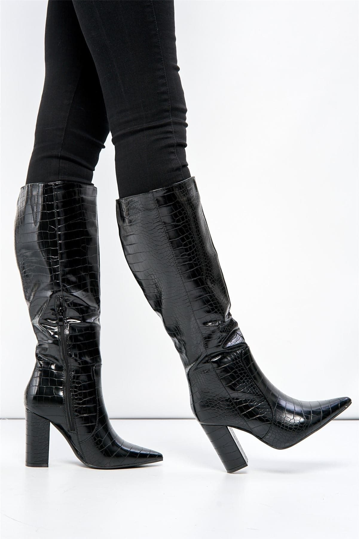 Darya Pointed Toe Knee High Boot with Zip in Black Croc - Image 3