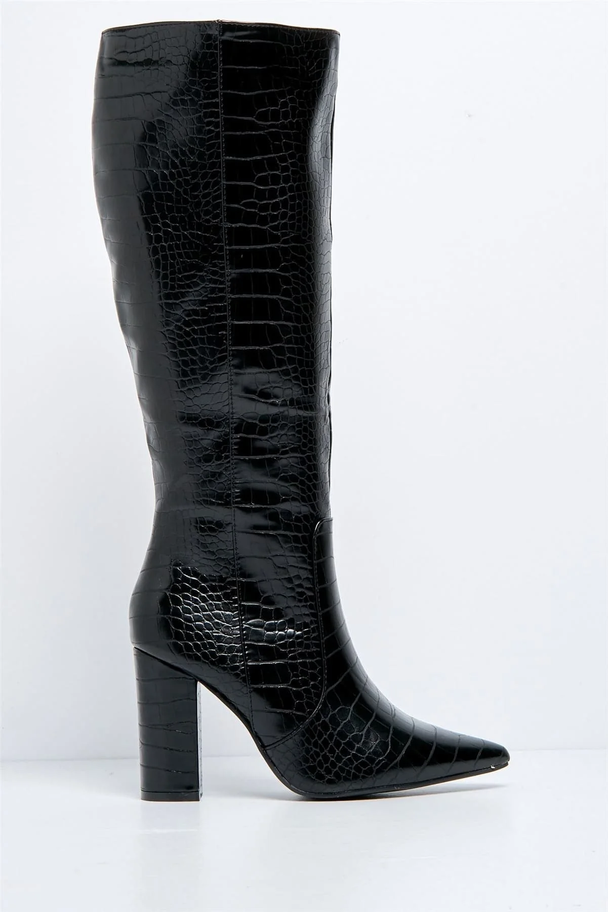 Darya Pointed Toe Knee High Boot with Zip in Black Croc - Image 4