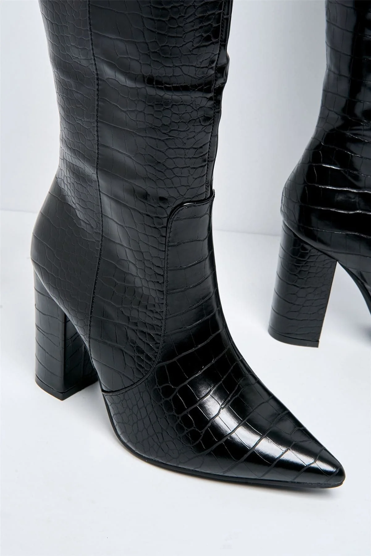 Darya Pointed Toe Knee High Boot with Zip in Black Croc - Image 6