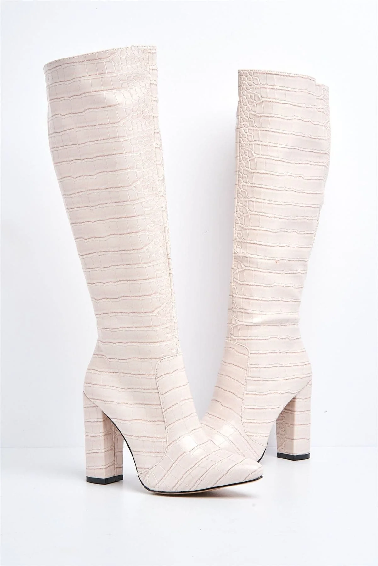 Darya Pointed Toe Knee High Boot with Zip in Nude Croc - Image 4