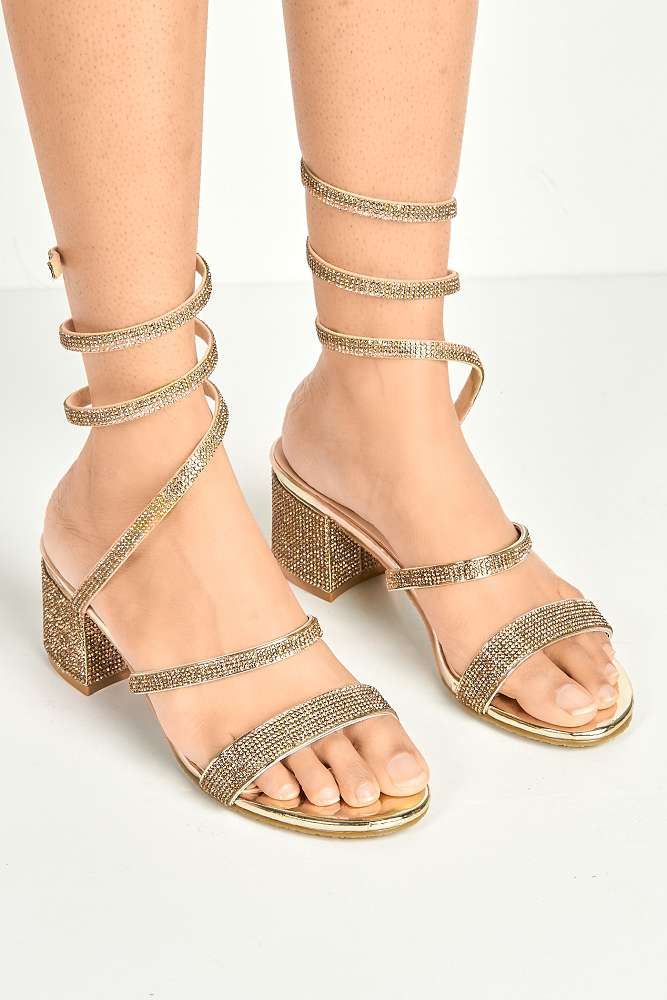 Della Diamante Encrusted Tie Up Leg Sandals in Gold