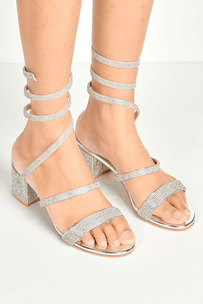 Della Diamante Encrusted Tie Up Leg Sandals in Silver