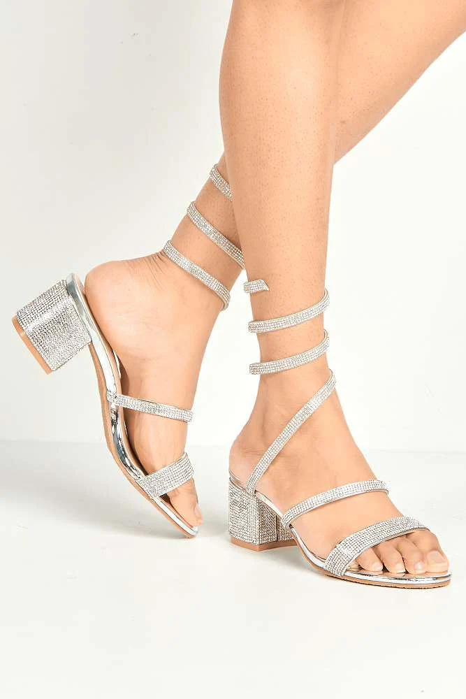 Della Diamante Encrusted Tie Up Leg Sandals in Silver - Image 2