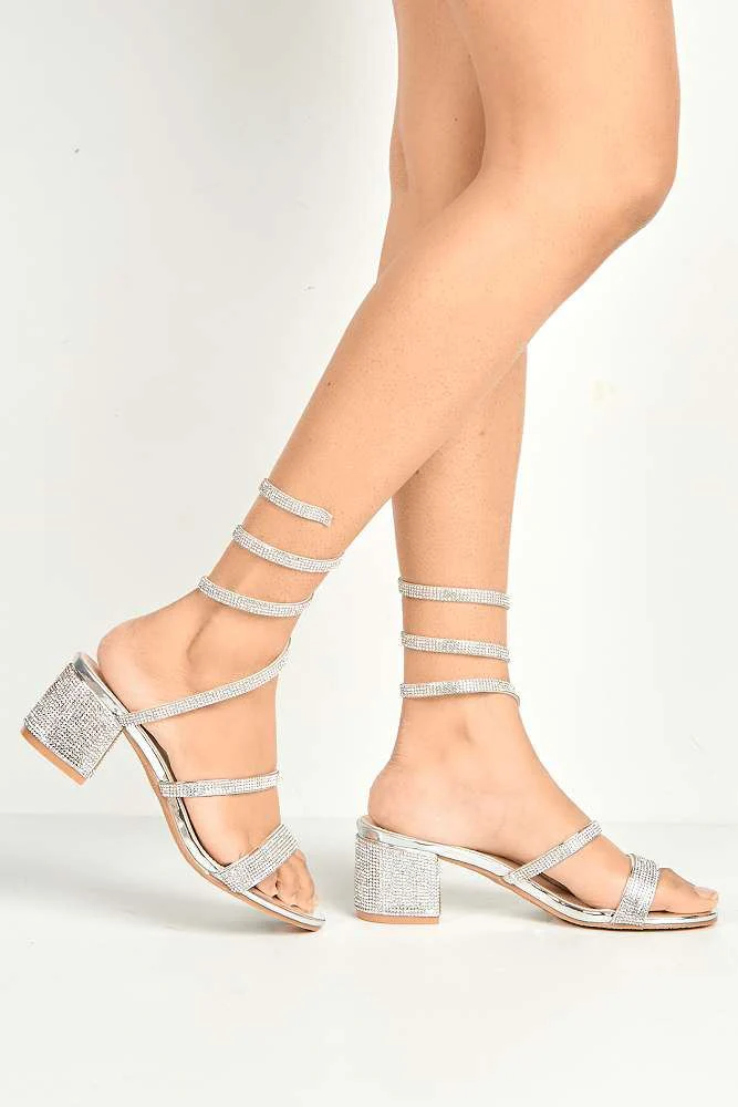 Della Diamante Encrusted Tie Up Leg Sandals in Silver - Image 3