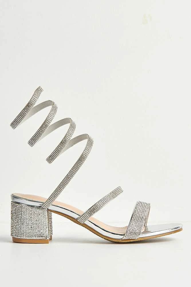 Della Diamante Encrusted Tie Up Leg Sandals in Silver - Image 6