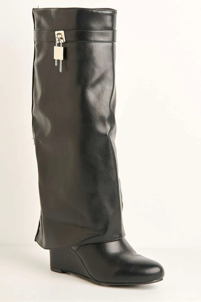 Derya Round Toe Wedge Boots With Silver Detail in Black - Image 4